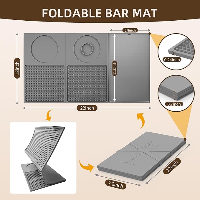 12'' x 22'' Silicone Cocktail Bar Mat for Bartending & Home Bar - Multifunctional Folding Drink Mat with Cutting Board - Portable Black Bar Countertop Accessories & Spill Mat（GREY）