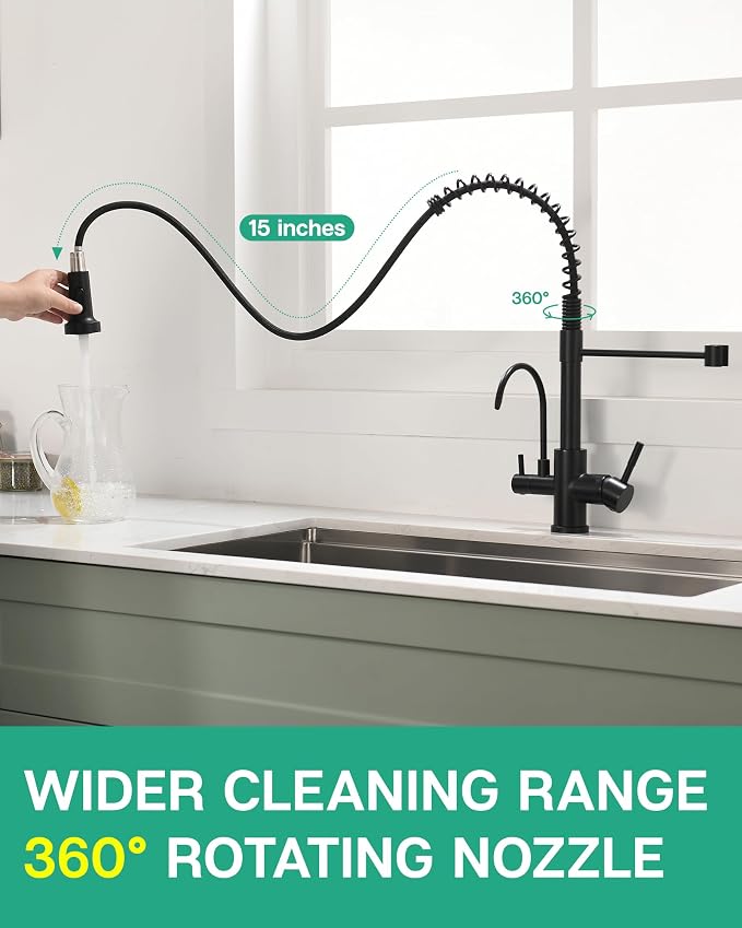 GIMILI 3 in 1 Kitchen Faucet with Pull Down Sprayer Matte Black Two Handle Kitchen Sink Faucet with Under Sink Water Filter System Reduces PFAS, PFOA/PFOS, Lead, Chlorine, Bad Taste & Odor