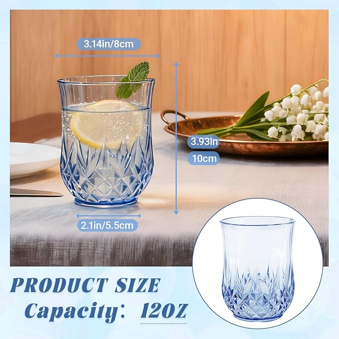 40 Pack Plastic Stemless Wine Glasses,12oz Unbreakable Vintage Elegant Drinking Glass Set,Reusable Fancy Cocktail Cups for Party, Wedding, and Bulk Events (40, 12oz-Blue)