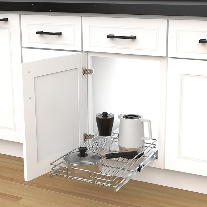 Pull Out Cabinet Organizer, Heavy-Duty Metal Sliding Drawer Shelf for Kitchen Cabinets, Chrome, Doesn't Include Door Fittings (11*21 IN)