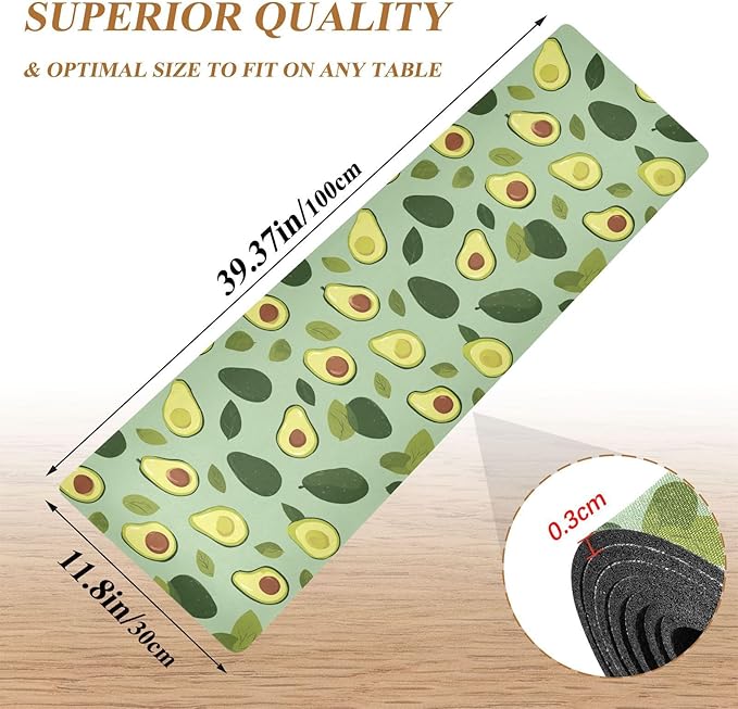 2-in-1 Table Runner Trivet for Hot Dishes Heat Resistant Hot Plate Mat Pad 39x12 Inch Waterproof Table Protector Trivets for Countertop Non Slip Decorative Green Cute Avocado and Leaves