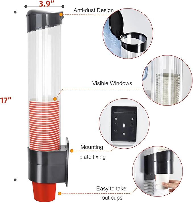 Cup Dispenser, Pull Type Wall Mount Cup Holder, Water Cooler Cup Dispenser Fits 7oz - 12oz Cups for Home Office Hospital Cups Organizer, Adhesive Paste or Screw Install (Black, Large)