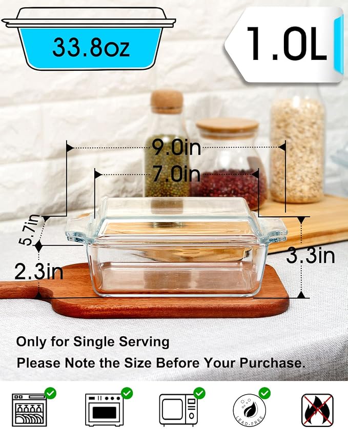 NUTRIUPS Glass Casserole Dish With Lid, Mini 1 QT (5.7in x 7in) Glass Baking Dish for Single Serving