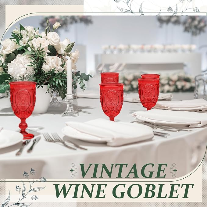 Wiwiqing 24 Pcs Plastic Goblets 7.5oz Vintage Goblet Plastic Wine Glasses Colored Retro Embossed Water Goblets for Wine Bar Juice Baby Shower Wedding Reception Grand Event Party (Red)