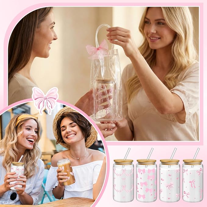Mumufy 16 Sets Coquette Bow Glass Cups with Clear Gift Bag 16 oz Reusable Pink Iced Coffee Mugs Aesthetic Cute Tumbler with Lids and Straws, Gifts for Girls Women Bridesmaid