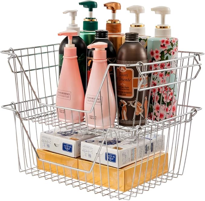 Stackable Wire Metal Baskets Fruit Vegetable Organization Pantry Cabinet Metal Bin Large Basket Shelves Storage for Kitchen Freezer, Set of 2