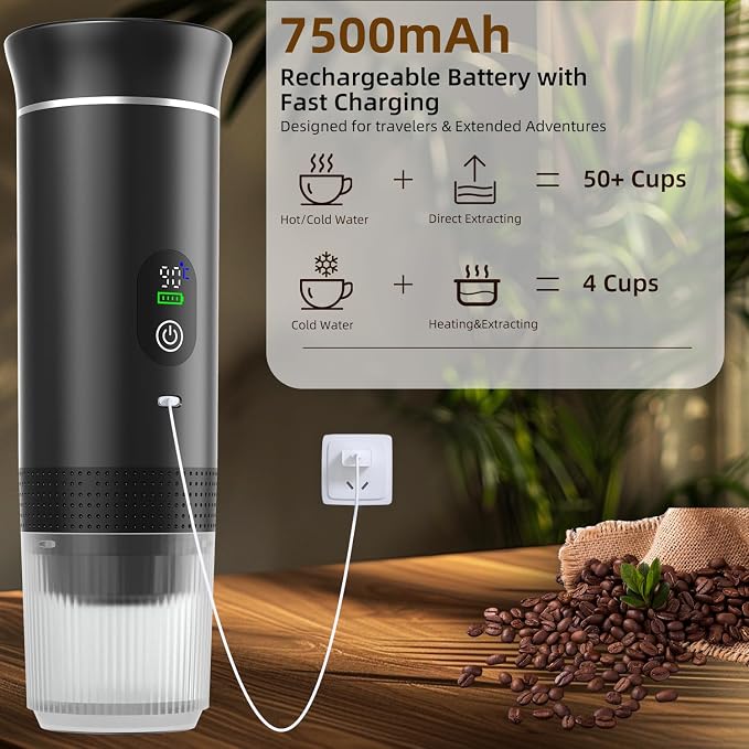 Portable Coffee Maker for Travel & Camping, Portable Espresso Maker with Bag, Rechargeable Cordless Battery Operated Coffee Makers for Ground Coffee, NS Capsule RV, Hiking, Office(Black)