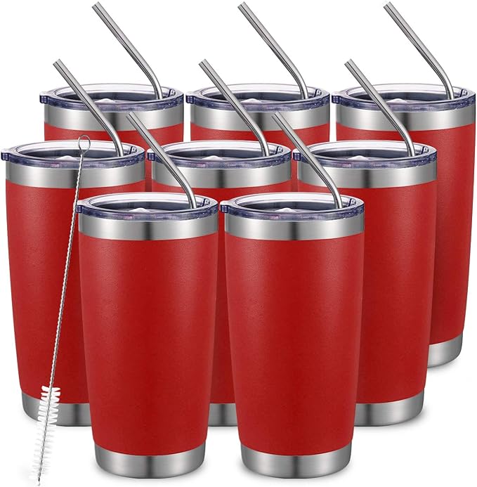 COMOOO 20oz Double Wall Vacuum Insulated Travel Mug, Stainless Steel Tumbler with Lid and Straw Durable Powder Coated Insulated Coffee Cup for Cold & Hot Drinks (Red, 8 PACK)