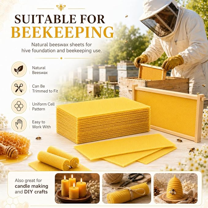 30Pcs Beeswax Sheets for Candle Making, Natural Wax Foundation for Bee Frames, DIY Candle Making Kit, Bees Wax Sheets for Beehives Honey (16.34 x 7.68inch)