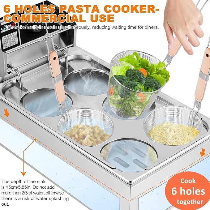 JIAWANSHUN Commercial Pasta Cooker with 6 Noodle Baskets, 50-250℃ Temperature Adjustable, 110V Electric Noodles Cooking Machine for Restaurant, Stainless Steel Dumpling & Ramen Cooker