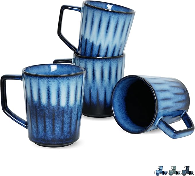 Bosmarlin Ceramic Coffee Mug Set of 4, 15 Oz, Coffee Cups with Big Handle, Microwave Safe, Unique Reactive Glaze (Royal Blue, 15 Oz)