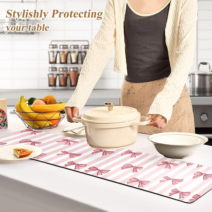 2 in 1 Table Runner Trivet for Hot Pots and Pans Heat Resistant Non Slip Waterproof 39 x 12 Inch Decorative Table Protector for Kitchen Countertop Pink White Stripes Bows