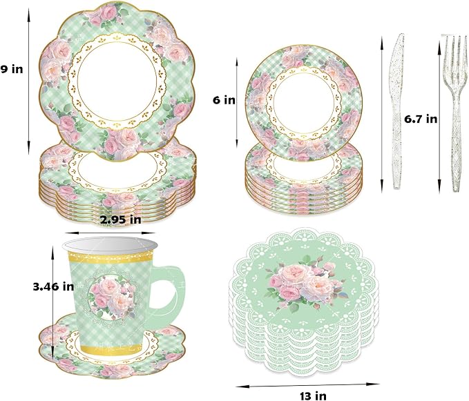 Jasni 168 Pcs Floral Paper Tea Cups and Saucers Set, Severs Disposable Tea Party Supplies 6 Inch Plate, Saucer, Napkin, Paper Tea Cups with Handle for Tea Party Decorations
