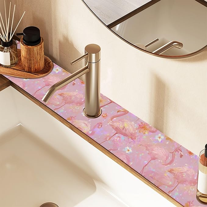 Kitchen Sink Splash Guard 2 PCS 14.7 Inch Sink Faucet Mat Splash Guard for Bathroom Countertop Water Absorbent Foldable Cuttable Soft Washable Pink Gradient Flamingo and Petals