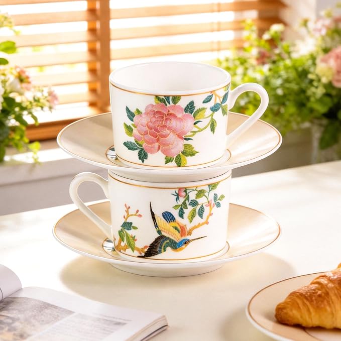 KAMMAK Tea Cups and Saucers Set of 2, Porcelain Coffee Cups, Stackable Espresso Mugs, Ceramic Demitasse for Coffee, Cappuccino, Latte, Americano, Tea, Embroidered Peony
