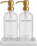 Luxury Glass Hand and Dish Soap Dispenser Set by Brighter Barns - Gold Kitchen Soap Dispenser Set with Stainless Steel Pumps and Ceramic Tray - Modern Kitchen Decor for Home, Airbnb, Gift (Clear/Gold)