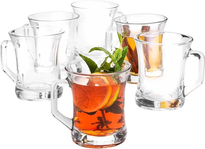 Volarium Glass Coffee Mugs with Handle, 7.5 oz Clear Glass Tea Cups for Hot or Cold Drinks, Set of 6