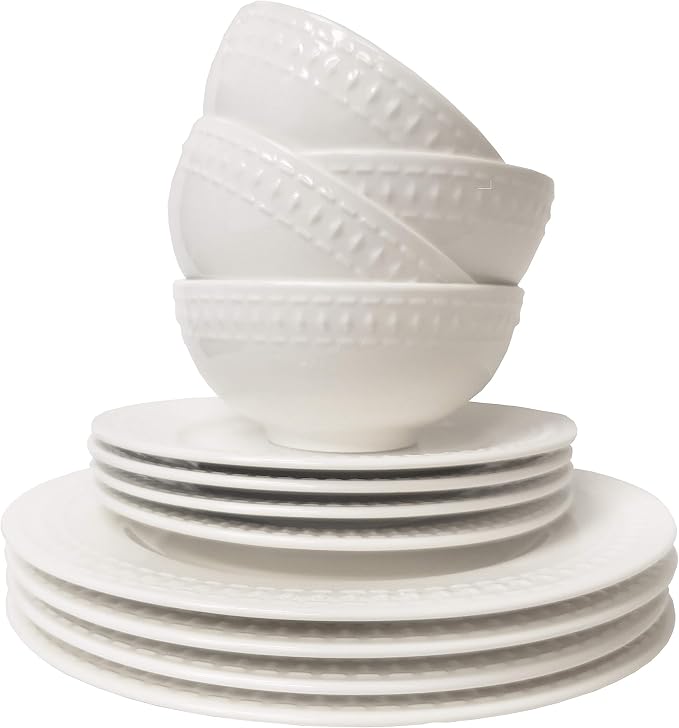Tabletops Gallery Embossed White Porcelain Round Dinnerware - Bloom 12 Piece Dinnerware Set