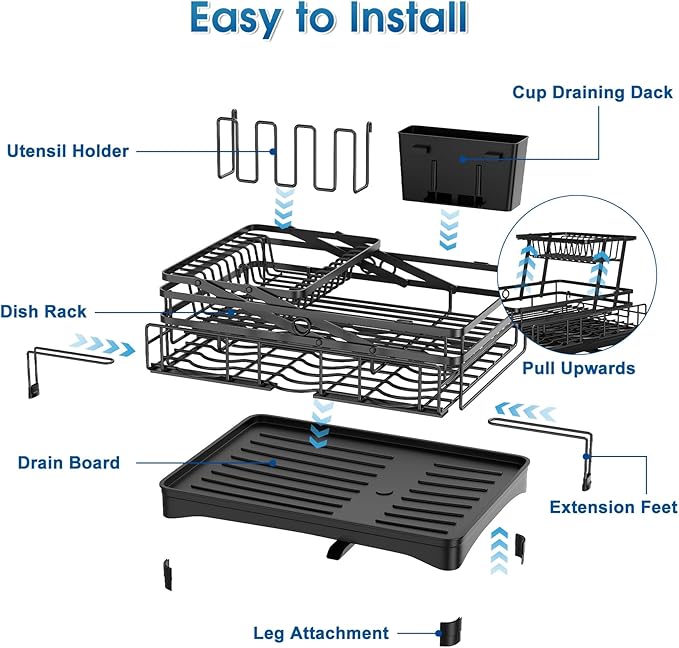 Glovv Over The Sink Dish Drying Rack, 2-Tier Kitchen Organizers and Storage for Kitchen Counter, Kitchen Sink Organizer with 4 Cup Holders and Drainboard, Black