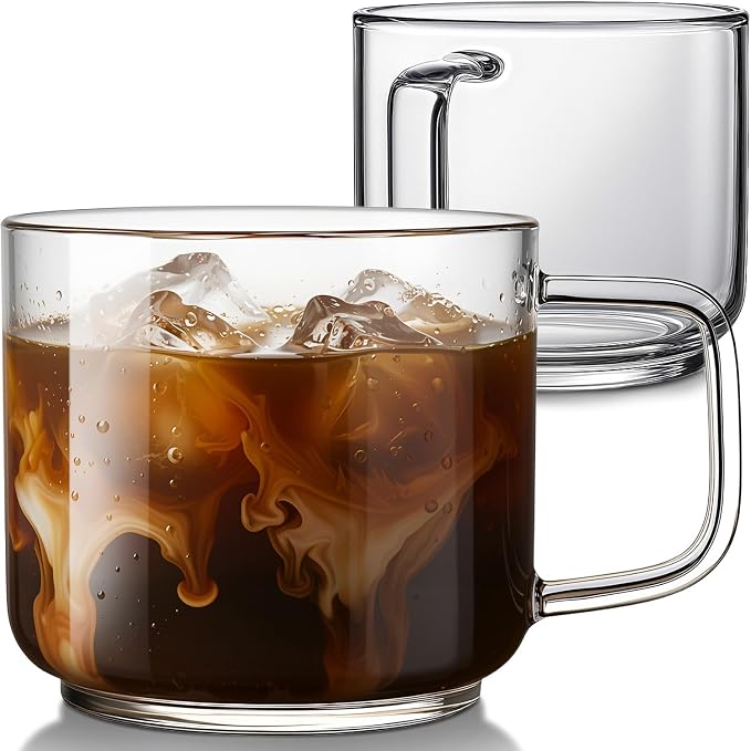 Aquach 18oz Glass Coffee Mugs Set of 2, Large Clear Borosilicate Cups | Dishwasher/Microwave Safe, Single-walled, Smooth Rim, Comfort Handle, Stable Thick Base, Large Capacity