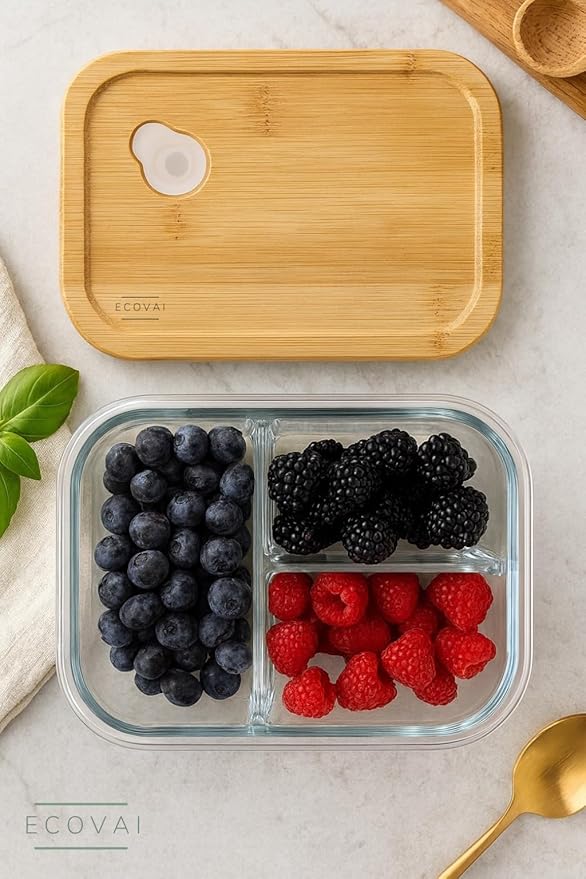 Glass Meal Prep Containers 3 Compartment with Bamboo Lids (2 Pack), Bento Box Lunch Container, Portion Control Food Storage, Borosilicate Glass, Microwave Safe (Base), Eco-Friendly
