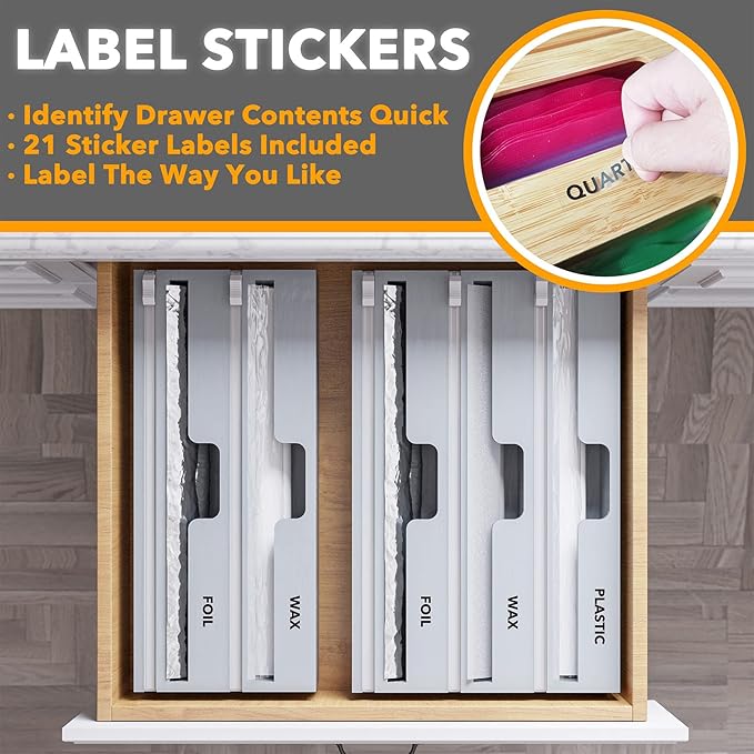 SpaceAid WrapNeat 2 in 1 Wrap Organizer with Cutter and Labels, Plastic Wrap, Aluminum Foil and Wax Bamboo Dispenser for Kitchen Storage Organization Holder for 12" Roll (Gray)