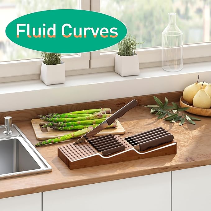 Knife Drawer Organizer, Bamboo Wood Knife Organizer Drawer Insert, Brown Knife Block Fit for 13 Knives