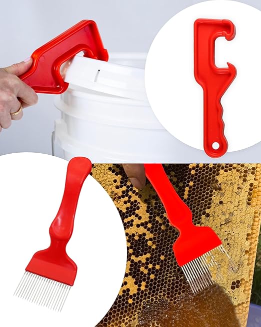 10 PCS Honey Harvesting Beekeeping Tool Kit, 5 Gallon Bucket with Gate, 50 Pairs Gloves, Honey Extractor Kit Uncapping Knife Tank Holder Strainer Fork Gripper, Lids Opener, 4 PCS Filter Bags