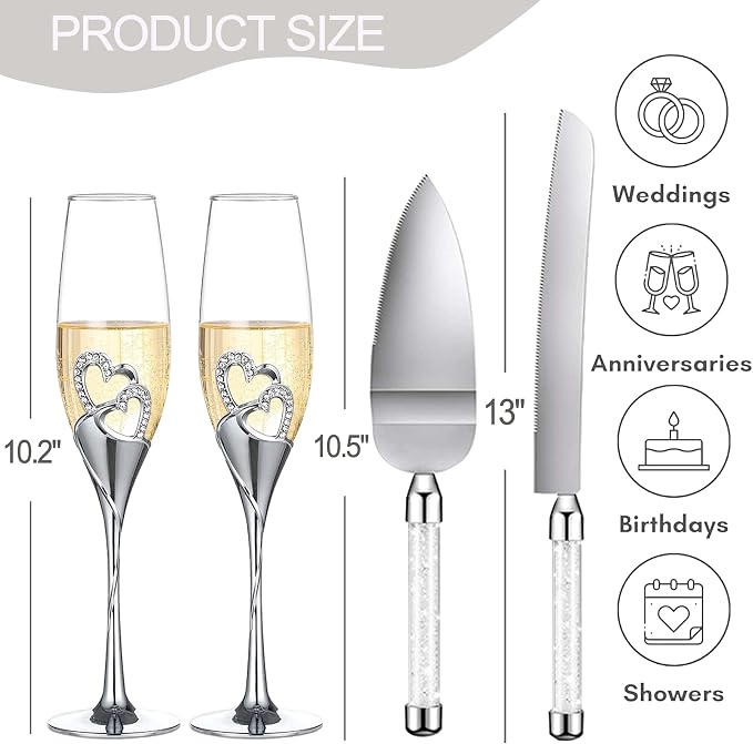 Wedding Cake Knife and Sever Set, Mr and Mrs Champagne Flutes and Cake Cutting Set for Bride Shower Engagement Gfits for Couples