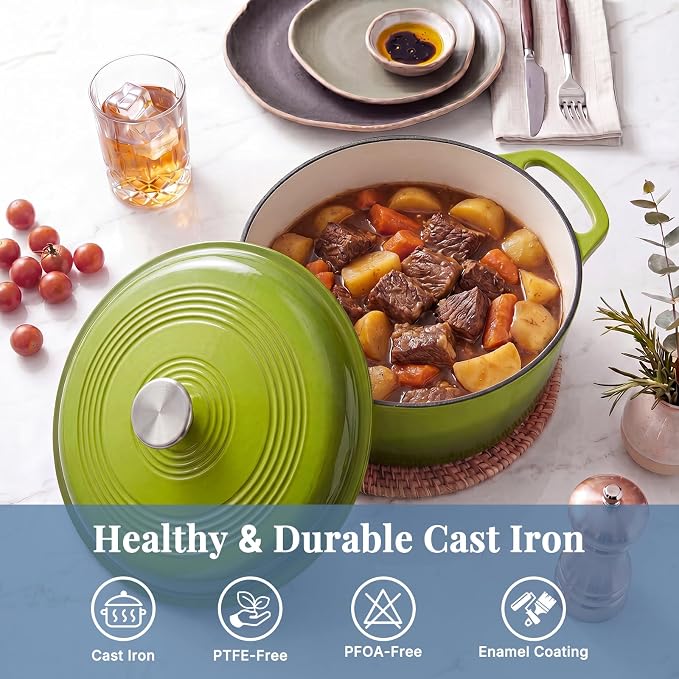DUMOS Cast Iron Dutch Oven, 6 Quart Pot with Lid, Enameled Heavy Duty Cookware, Oven Safe to 500°F, Perfect for Bread Baking, Stews and Roasting, Moisture Sealing Lid with Dual Handles, Green