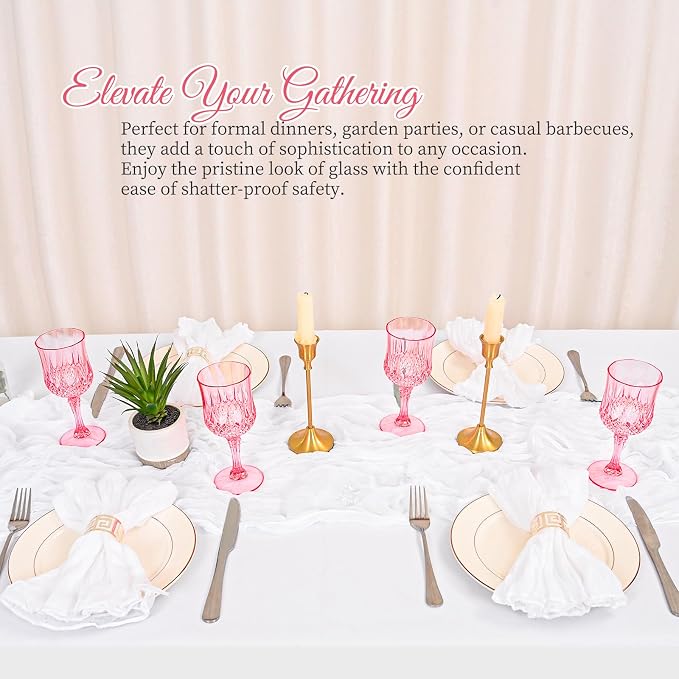48 Pack Pink Plastic Wine Glasses, Vintage Plastic Goblets for Parties, Drinking Glasses Unbreakable Glassware Crystal Water Goblets Reusable Drinkware for Wedding Reception Grand Event Party