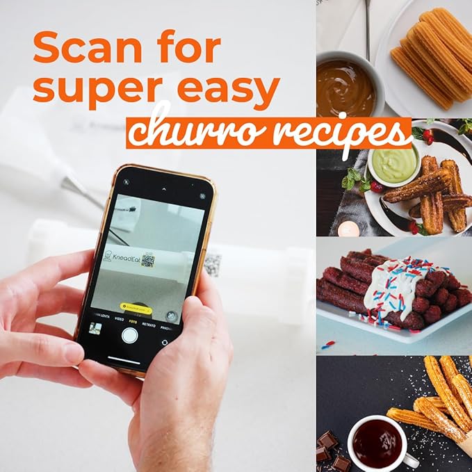 KneadEat Churro Maker Kit with Booster-powered Handle. Churrera and Piping Bag Churros Filler. Easy QR-Recipe to Prepare and Fill Your Own Churros at Home - KneadEat Cookie press - Churro press.