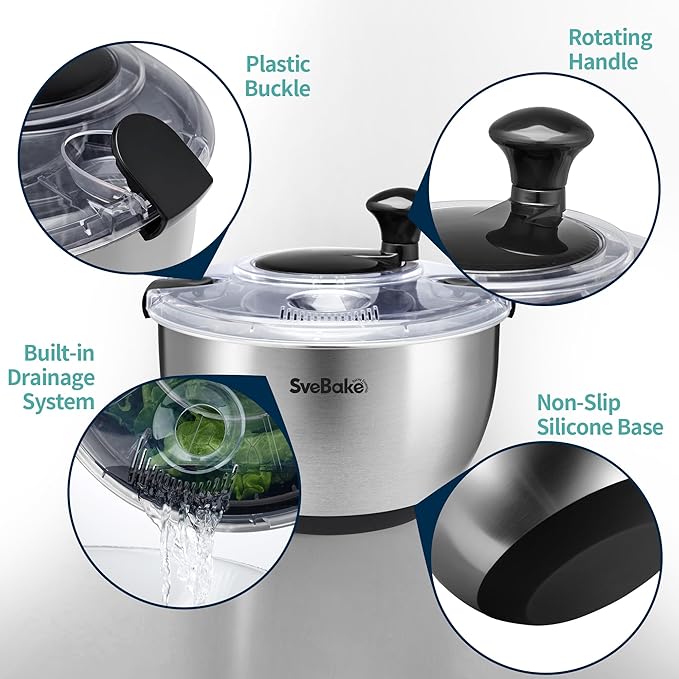 Stainless Steel Salad Spinner, 4.8 Qt Vegetable Washer, BPA-Free Lettuce Dryer with Crank Design, Dishwasher Safe, Non-Slip Base - Transparent Lid