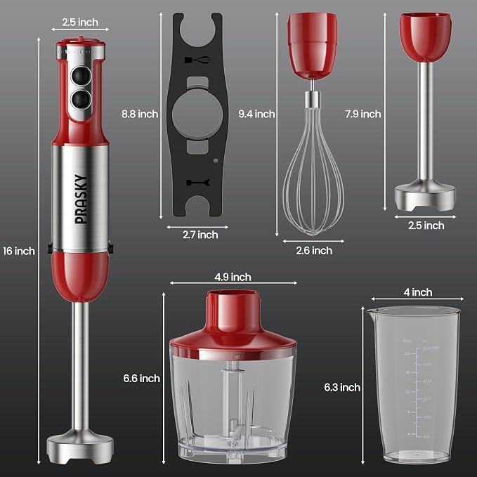 Immersion Blender Handheld 1200W, 5-in-1 Hand Blenders, 20 Speeds Hand Mixer, Stainless Steel Blades, Milk Frother Wand, Whisk, Beaker, Suitable for Kitchen, Protein Shakes and Baby Food (Red)