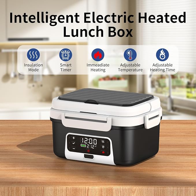 Cordless Electric Heated Lunch Box, 1.5L - 6.3 Cups 100W Rechargeable Smart Self-Heating Food Warmer with Removable Divider, Spoon, Fork, BPA Free, Portable Lunchbox for Car Travel Office White