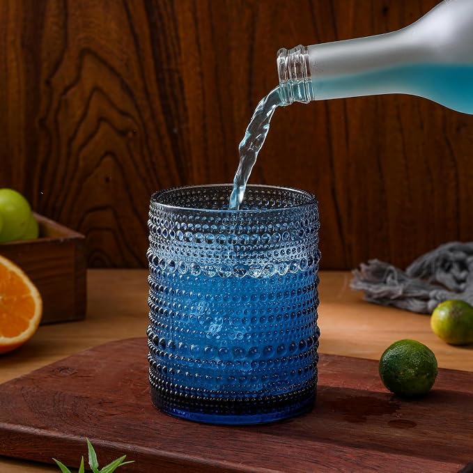 HomeVogue Hobnail Drinking Glasses Set of 12, 12oz & 15oz Vintage Glassware Set Cocktail Glass Set, Embossed Blue Water Tumbler,for Beer, Whiskey,Juice and Various Mixed Drinks (12 Pack-Blue)