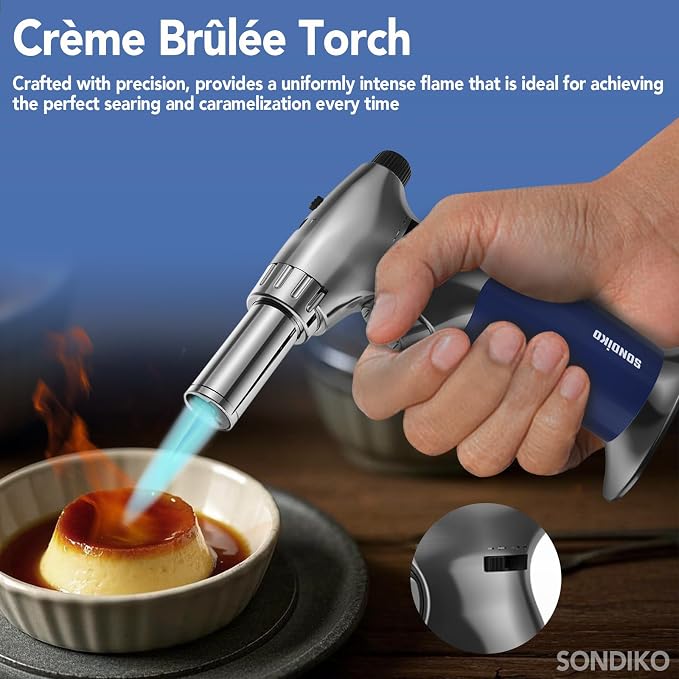 Sondiko DUAL Adjustable Flame Butane Torch Lighter, Mini Blow Torch, Refillable kitchen Torch with Continuous Flame Lock for Creme Brulee, Cooking(Butane Gas Is Not Included)