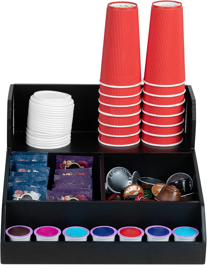 Restaurantware-15 x 14.25 x 9.25 Inch Coffee Condiment Organizer, 1 Countertop Tea Station Organizer - 3 Shelf, Heavy-Duty, Black Bamboo Coffee Bar Holder, For Breakrooms, Offices, or Homes,
