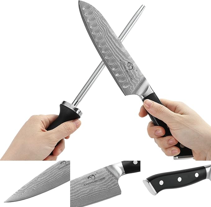 NANFANG BROTHERS Damascus Knife Set, 9-Piece VG10 Kitchen Knives with Block | 9-piece professional Damascus kitchen knife set with VG10 steel core, 66 layers, wood block, and ABS handles