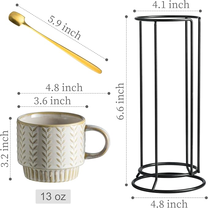 Miamolo Coffee Mugs Set of 4 with Spoons & Stand, Stacking Save the Space | Stackable, Ceramic, 13oz Coffee Mug, for Drinks Latte Cappuccino Tea, for Housewarming Birthday Gift, Dishwasher Safe
