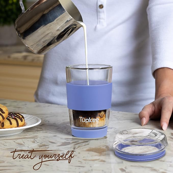 Double Wall Glass Tumbler - 8-Ounce, All Glass Hand Blown Reusable Insulated Tea/Coffee Mug & Lid, Travel Mug - Jacaranda