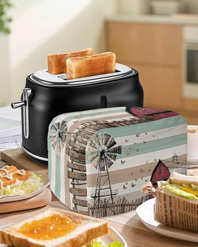 Windmill Farmhouse Toaster Cover 2 Slice, Vintage Teal Brown Wooden Dustproof Bakeware Oven Protector with Top Hook, Butterfly Waterproof Small Kitchen Appliance Toasters Dust Cover, 11"x6"x8"