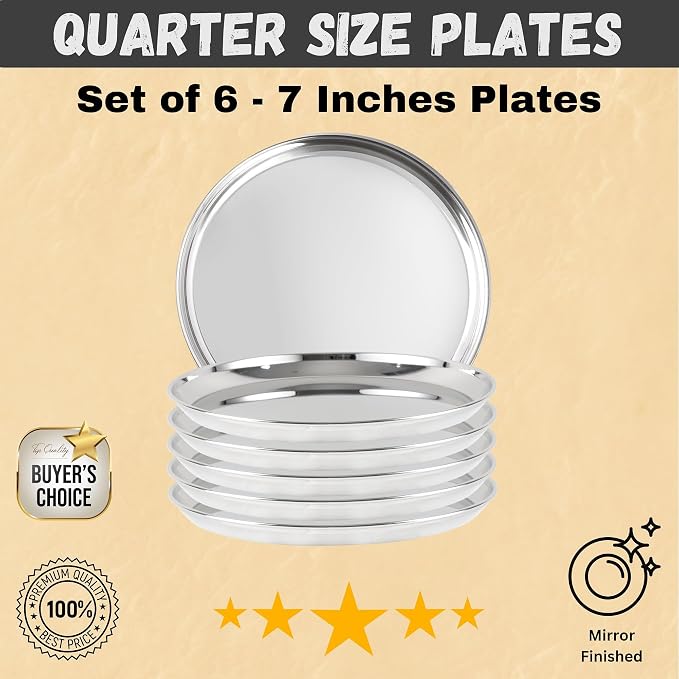 48 Pieces Dinner Set, Stainless Steel Dinnerware Set, Service for 6 (Full Plates, Quarter Dishes, Bowls, Tumblers) Metal Reusable set for Home, Kitchen, Camping, Dishwasher Safe