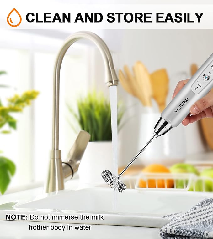 YUSWKO Silver Handheld Milk Frother Wand for Coffee, Rechargeable Electric Whisk with 3 Heads 3 Speeds Drink Mixer Coffee Frother For Latte, Cappuccino, Hot Chocolate, Egg