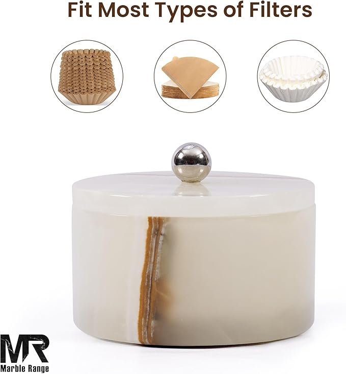Marble Coffee Filter Holder – 6 inch Handmade White Onyx Coffee Filter Holder with Lid, Storage Organizer for Kitchen Countertop & Bar Decor