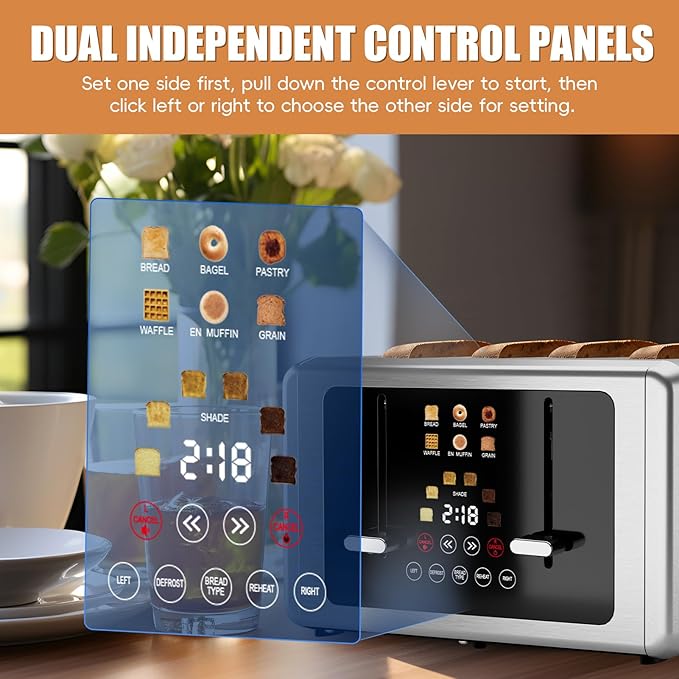 Whall 4-Slice Smart Toaster with Touchscreen & Extra-Wide Slots, Dual Independent Control, 6 Browning Levels & 6 Bread Types, Memory Function,Countdown Timer, Ideal Kitchen Gift