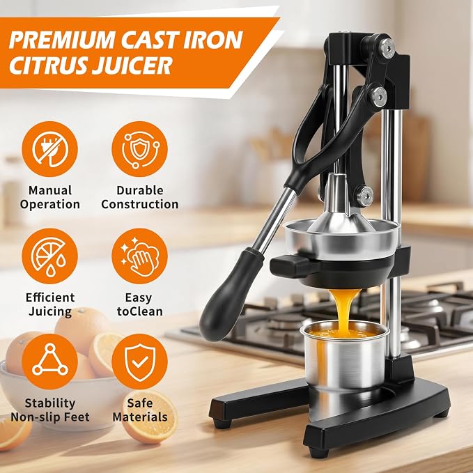 Ultra Premium Cast Iron Juicer, Heavy Duty Manual Citrus Juicer Press with Complete Accessory Kit, Stainless Steel Hand Juicer Squeezer for Lemon, Orange, Lime, Pomegranate