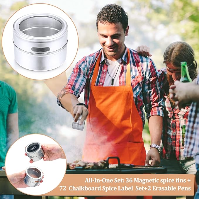 Chengu 36 Pack Magnetic Spice Jars for Refrigerator 3 oz Magnetic Spice Containers Stainless Steel Seasoning Tins with Clear Lid, with 72 Pcs Labels Marker and 2 Pens for Grill Kitchen Fridge Rack