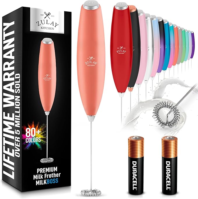 Zulay Kitchen Milk Frother Handheld Electric Whisk with AA Duracell Batteries – Durable Drink Mixer for Coffee, Lattes, Cappuccinos & More - Peach