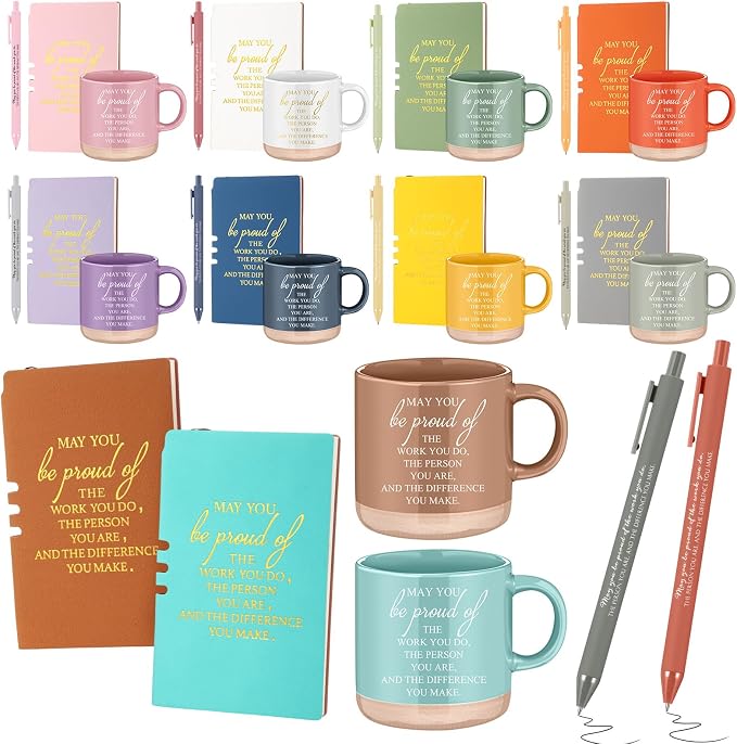 Didaey 10 Sets Employee Appreciation Gifts Set 13oz Pastel Inspirational Ceramic Coffee Mugs A6 Leather Notebooks Ballpoint Pens Bulk Thank You Gifts for Employees, Staff, Team Members
